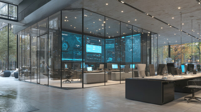 office space featuring a central glass-walled room with large, glowing digital screens displaying complex data, charts, and analysis. Represents technology, data security, command center