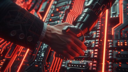 A futuristic digital handshake merging humanity and technology with glowing circuit patterns