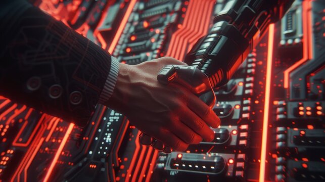 A futuristic digital handshake merging humanity and technology with glowing circuit patterns