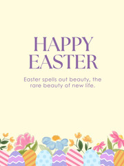 Easter wreath with cute eggs, colorful candy cute flowers, leaves. Decorative frame border banner.