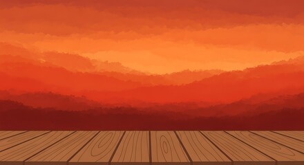 Vibrant sunset scenery over distant mountains creating a sense of depth and warmth with the wooden planks bringing a grounded perspective to this serene and colorful background landscape image