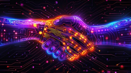 Futuristic digital handshake merging humanity and technology with glowing circuit patterns