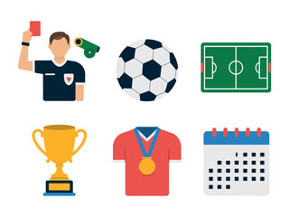 A collection of soccer-related icons including a referee, ball, field, trophy, jersey, and calendar.