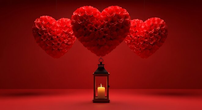 Three red hearts float above a glowing lantern in a dark room, creating a romantic and intimate atmosphere for valentine's day, anniversary or love celebration.
