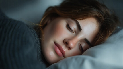 Serene young woman peacefully sleeping in soft cozy bed, tranquil rest and rejuvenation