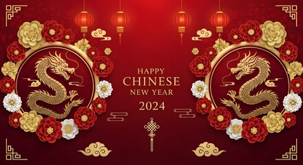 Happy Chinese New Year 2026. Happy New Year 2026 celebration. Happy New Year design with dragons and red background.