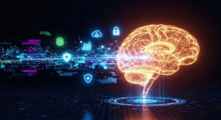 Glowing digital brain with technology icons representing artificial intelligence concepts