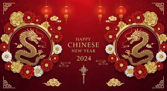 Happy Chinese New Year 2026. Happy New Year 2026 celebration. Happy New Year design with dragons and red background.