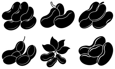 Fototapeta premium Illustration of six bean clusters in black and white with varying arrangements and leaf details present