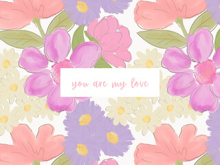 Template greeting card with blooming blossom candy color flowers  Perfect for postcard, websites, banners or tags. Digital clipart illustration