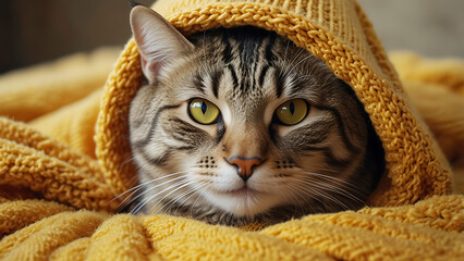 A tabby cat with yellow eyes wears a mustard knitted sweater pulled over its head—evoking warmth, charm, and cozy serenity in a soft, golden-toned portrait.
