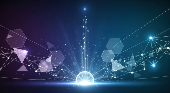 Abstract network background with glowing lines and shapes representing connectivity and technological advancement concept