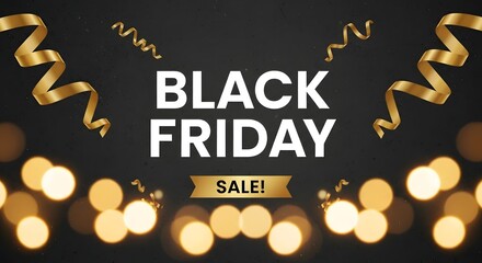 Elegant black friday sale promotion with golden ribbons and bokeh