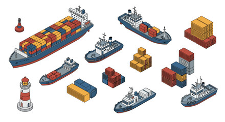 Vibrant isometric shipping vessels and lighthouse, perfect for logistics and transportation themes, conveying efficiency and global trade