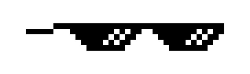 like boss. Pixel glasses in boss style. Black sunglass in 8 bit. Eyeglass meme in funny design. Isolated cool style of gangster, bad guy glasses. Mafia or rapper thug life. Gangster fashion.