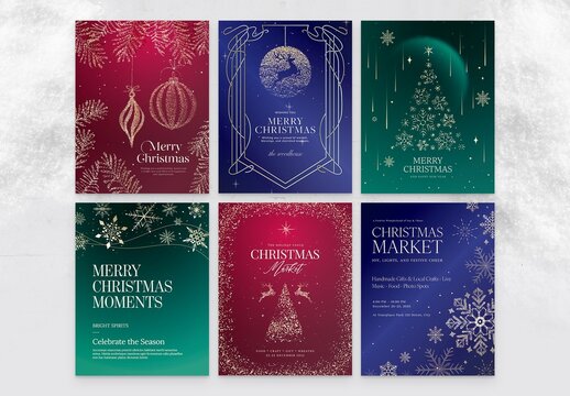 Christmas Poster Flyer Set in Classic Festive Invitation Style & Luxury Hues with Elegant Ornaments, Elements & Decorations