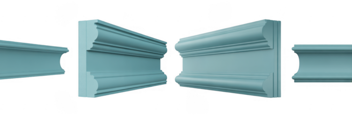 Teal decorative molding profiles with ornate carved details isolated on a transparent background