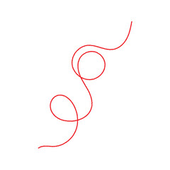 a red silk thread looped in a circle form, extending on both ends, symbolizing the red thread of fate in chinese tradition, on a pure white background with copy space.Line of red yarn, long red thread