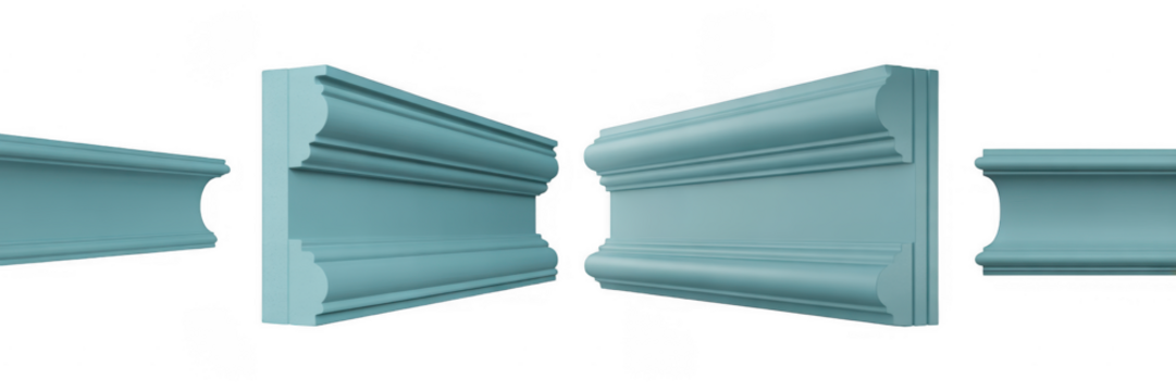 Teal decorative molding profiles with ornate carved details isolated on a transparent background