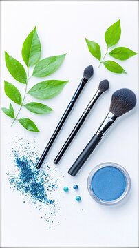 A flat lay composition featuring makeup brushes, spilled blue eyeshadow pigment, and fresh green leaves against a clean white background, suggesting natural bea