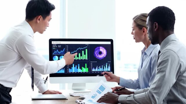 Diverse business team collaborating and discussing financial data and analytics on a monitor in an office