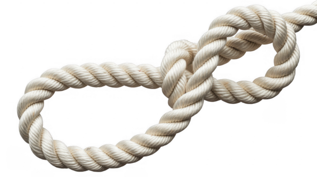 Thick white rope tied in a figure eight knot isolated on a transparent background