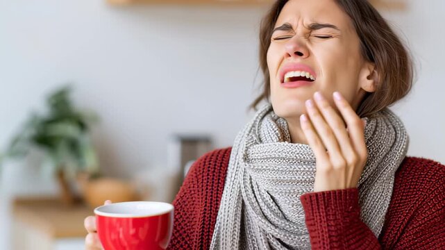  tooth sensitivity: A young woman experiences pain after drinking cold water. A young Asian woman experiences severe toothache due to sensitive teeth after drinking cold water.