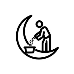 Crescent moon gardening icon of a person watering plants in a stylized lunar landscape
