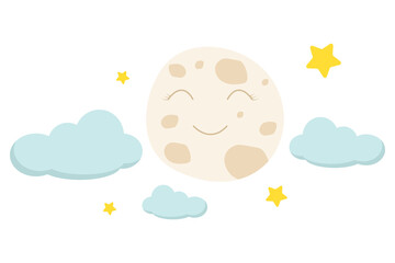Cute smiling moon with clouds and stars on a white background. Whimsical, gentle design perfect for baby, nursery, or bedtime themes.