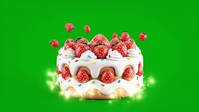 Animated strawberry cake creation on green screen for special occasions content
