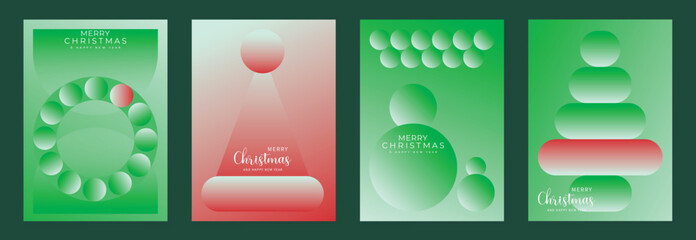 Obraz premium Merry Christmas and Happy New Year greeting card vector set. Modern gradient invitation with Christmas tree, bauble, gift, spot texture on green and red background. 