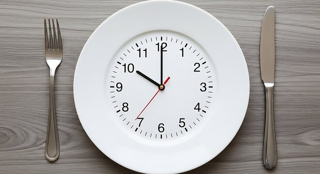 Intermittent Fasting Concept with Clock on Plate Fork and Knife representing meal timing and time restricted eating for weight loss and health benefits focusing on scheduling meals