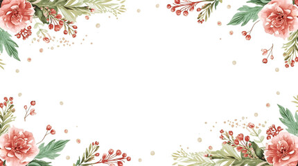 Watercolor Christmas Banner with Light Pigments and  Floral Accents on White Background