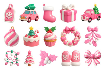 Naklejka premium PNG Festive pink holiday decorations collection, element set on transparent background