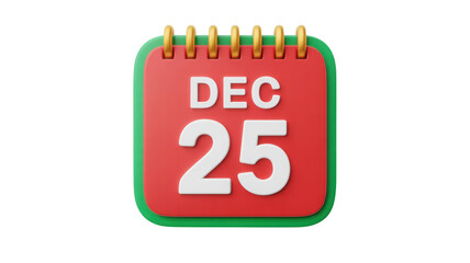 A festive red and green 3d calendar page showing december 25th the date of christmas day isolated on transparent background