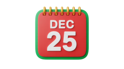 A festive red and green 3d calendar page showing december 25th the date of christmas day isolated on transparent background