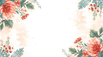 Watercolor Christmas Banner with Light Pigments and  Floral Accents on White Background