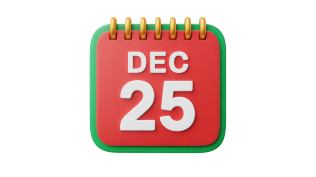 A festive red and green 3d calendar page showing december 25th the date of christmas day isolated on transparent background