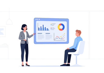 Fototapeta premium A businesswoman presents a detailed data analysis report with charts and graphs on a digital screen to a male colleague