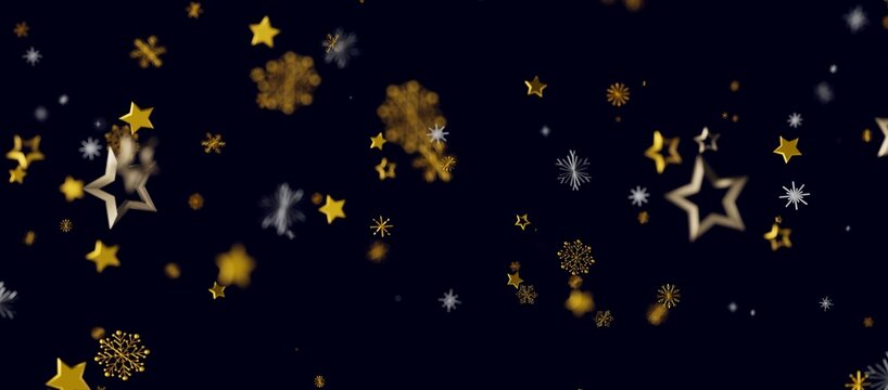 Abstract Christmas background featuring golden stars and snowflakes floating against a dark blue backdrop. Perfect for h - Powered by Adobe