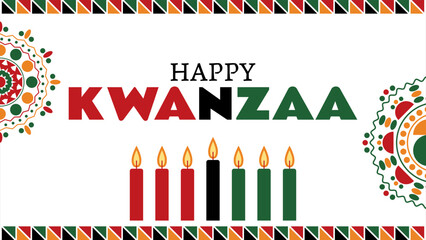 Festive decorations for Kwanzaa showcase vibrant colors and traditional symbols. Seven candles are displayed, representing unity and celebration during this special time.
