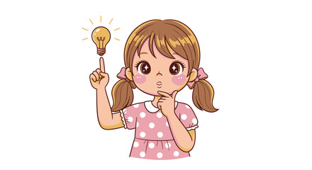 Cute little cartoon girl character with a spoon, smiling with joy, is a fun vector illustration of childhood