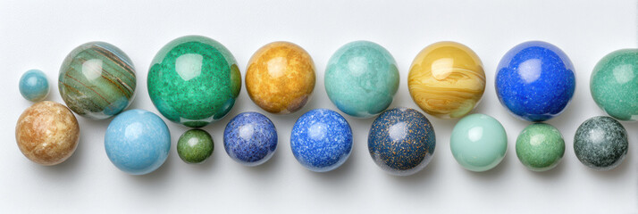 Fototapeta premium Calm colorful collection of green glass marble, ball, and sphere in neat row. An isolated object assortment on simple white background with playful, organized feel