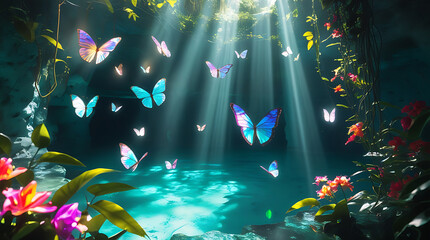 A mesmerizing scene of iridescent butterflies fluttering in sunbeams, surrounded by vibrant flowers in a mystical forest. The peaceful ambiance and ethereal glow make this perfect for fantasy, nature.