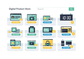 E-commerce Platform Layout Showcasing Diverse Digital Goods like Web Templates, Applications, and Media for Online Shopping