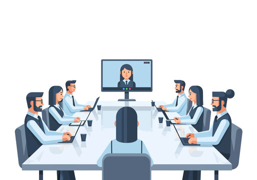 Professional team holds a hybrid business meeting, collaborating efficiently with remote participants via video conferencing for strategic discussions and decisions