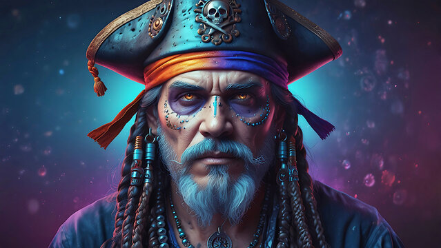 A mystical pirate with glowing eyes, skull-emblazoned hat, and braided beard stands in a moody glow&mdash;evoking fantasy, folklore, and dramatic character design.
