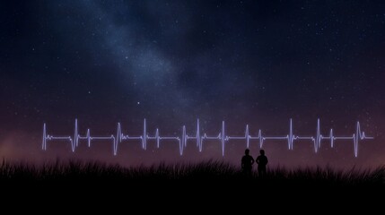 Two silhouetted figures stand in a grassy field gazing at a glowing electrocardiogram waveform against a starry night sky