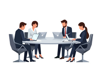 Obraz premium Corporate business team sitting at a round table during a meeting, working collaboratively on laptops in a modern office