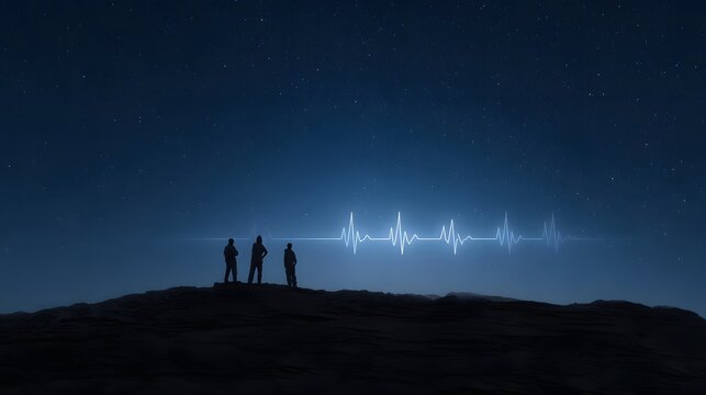 Silhouetted figures observe a glowing blue electrocardiogram waveform against a starry night sky symbolizing health technology and cosmic connection - Powered by Adobe